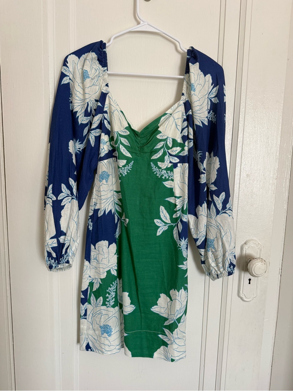 FARM Rio Blue & Green Floral V-Neck Long Sleeve Mini Dress